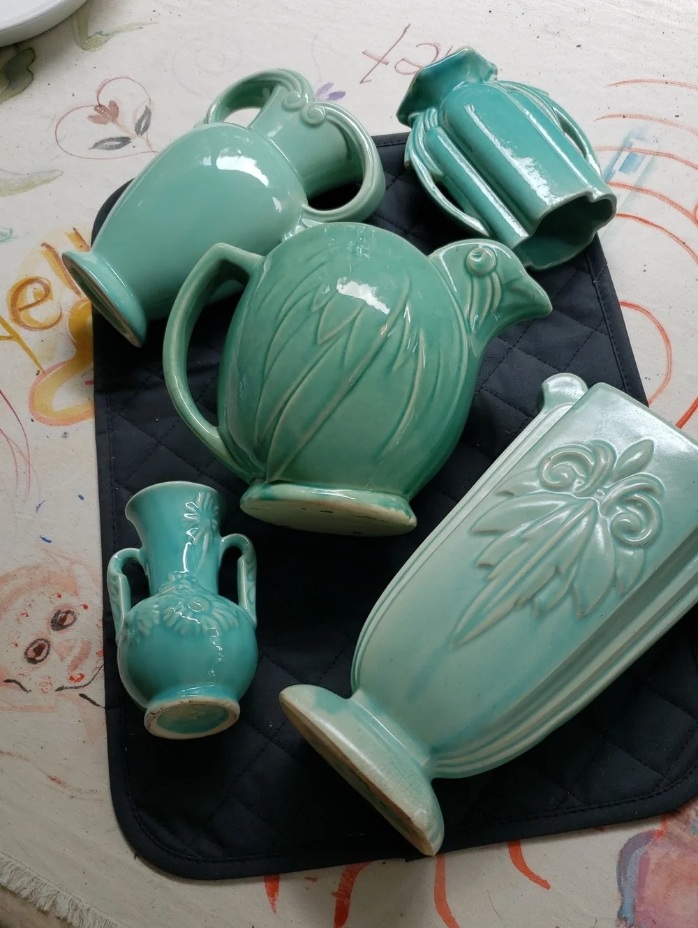 Aqua Glazed Floral Relief Double-Handled Vase Usa